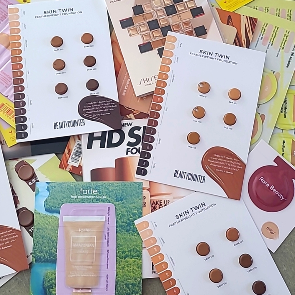 Lot of foundation, tinted moisturizer, and concealer samples